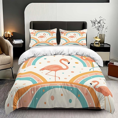 3-teiliges Daunenbettbezug-Set mit Regenbogen-Flamingo für Queensize-Betten, weicher Bettbezug mit 2 Kissenbezügen – Hotel Gästezimmerbettwäsche, gemütlich komfortabel Image