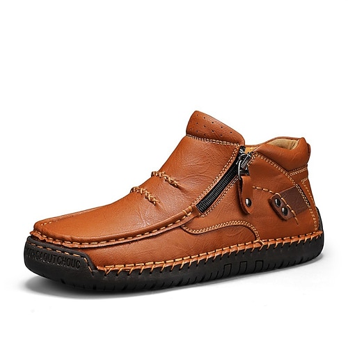 Braune handgefertigte Mokassins aus Kunstleder für Herren mit seitlichem Reißverschluss und rutschfester Sohle, bequeme Freizeit-Loafer für draußen und zum Autofahren Image