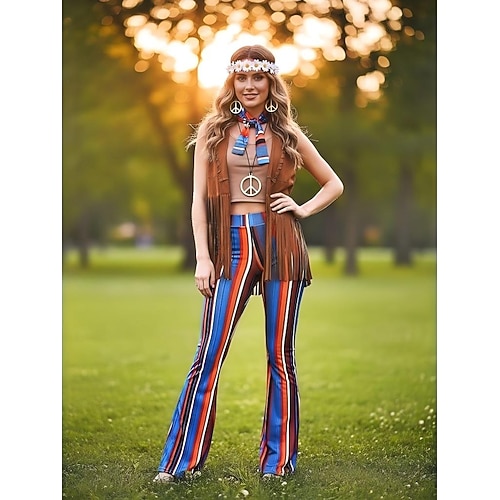 Set Retro Vintage 1970er Outfits Weste Schlaghosen mit Zubehör Hippie Kostüm Damen Halloween Karneval Alltagstauglich Musikfestival Erwachsene Krawatte Oberteil Hose Image