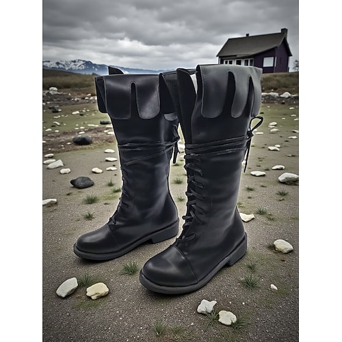 Damen braune Kunstleder Mittelalter Wikinger kniehohe Schnürstiefel, Retro Renaissance Kostümschuhe für Larp, Cosplay, Festivals Bühnenauftritte Image