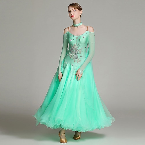 Damen-Ballsaal-Tanzkleid mit Strasssteinen, schulterfrei, mehrlagiger Tüll, elegantes Walzer-Tango-Foxtrott-Wettbewerbskleid – Hellrosa Image