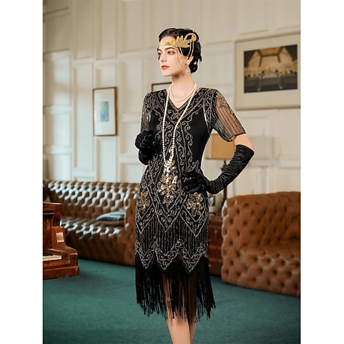 Set Goldene Zwanziger 1920er Knielang Flapper Kleid Cocktailkleid Ausgefallene Kostüme mit Zubehör Kurze Ärmel Der große Gatsby Flapper-Mädchen Pailletten Quastenfransen V Ausschnitt Kostüm Damen Image