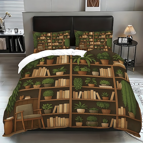 3-teiliges Daunenbettbezug-Set mit grünem Pflanzenkaro-Bücherregal für Queensize-Betten, weicher Bettbezug mit 2 Kissenbezügen – Hotel Gästezimmerbettwäsche, gemütlich komfortabel Image