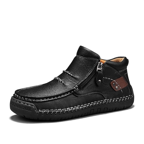 Braune handgefertigte Mokassins aus Kunstleder für Herren mit seitlichem Reißverschluss und rutschfester Sohle, bequeme Freizeit-Loafer für draußen und zum Autofahren Image