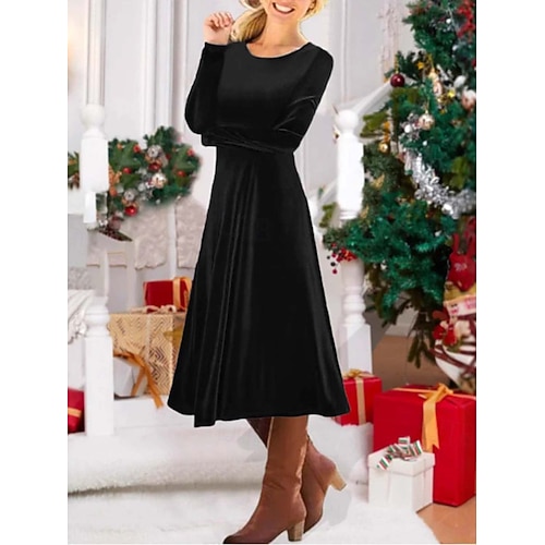 Damen Samt Midi Kleid Schößchen Kleid A-Linie Kleid Fit And Flare Kleid Elegant Party Boho Outdoor Party Täglich Einfarbig Langarm Rundhals Schwarz Rot Grün Frühling Herbst Winter Image
