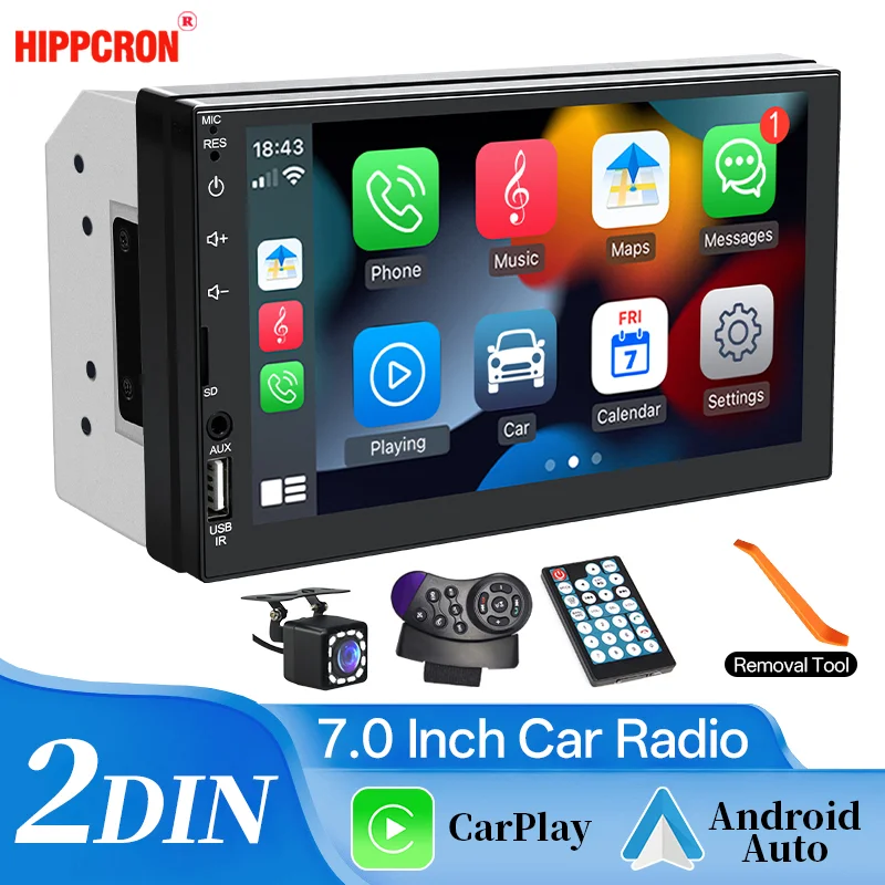 Hippcron 2din Autoradio CarPlay Android Auto 7 Zoll Touchscreen Multimedia Stereo Auto MP5 Bluetooth Player mit FM AUX USB TF Image