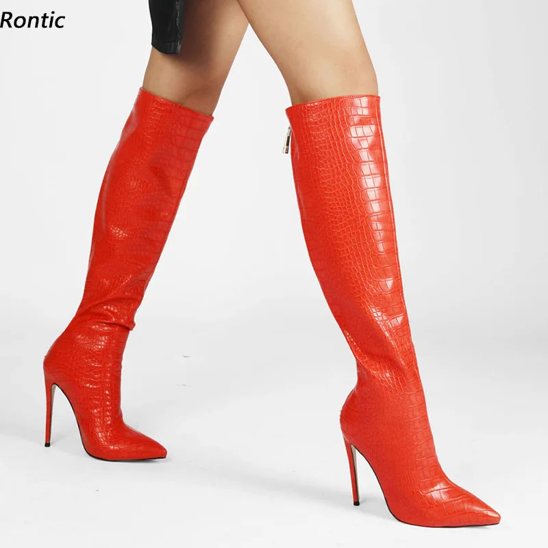 Rontic Neue handgemachte Damen Winter Kniestiefel Reißverschluss hinten Stiletto Heels Spitzschuh Beige Lila Rot Kleid Schuhe US-Größe 5-15