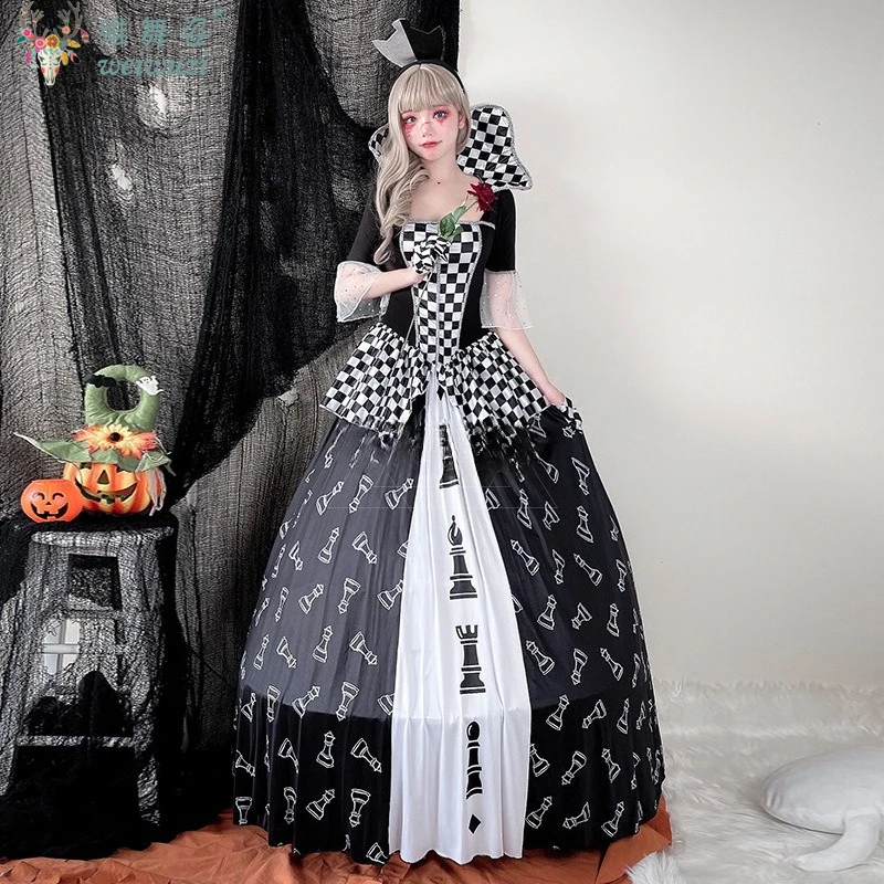 Halloween Kostüme Erwachsene Frauen Elegante Königin Rollenspiel Kostüme Märchen Königliche rote Königin Schachstück Druck Kleid Make-up Kostüme Schachbrett Königin wunderschöne Kostüme Elegante