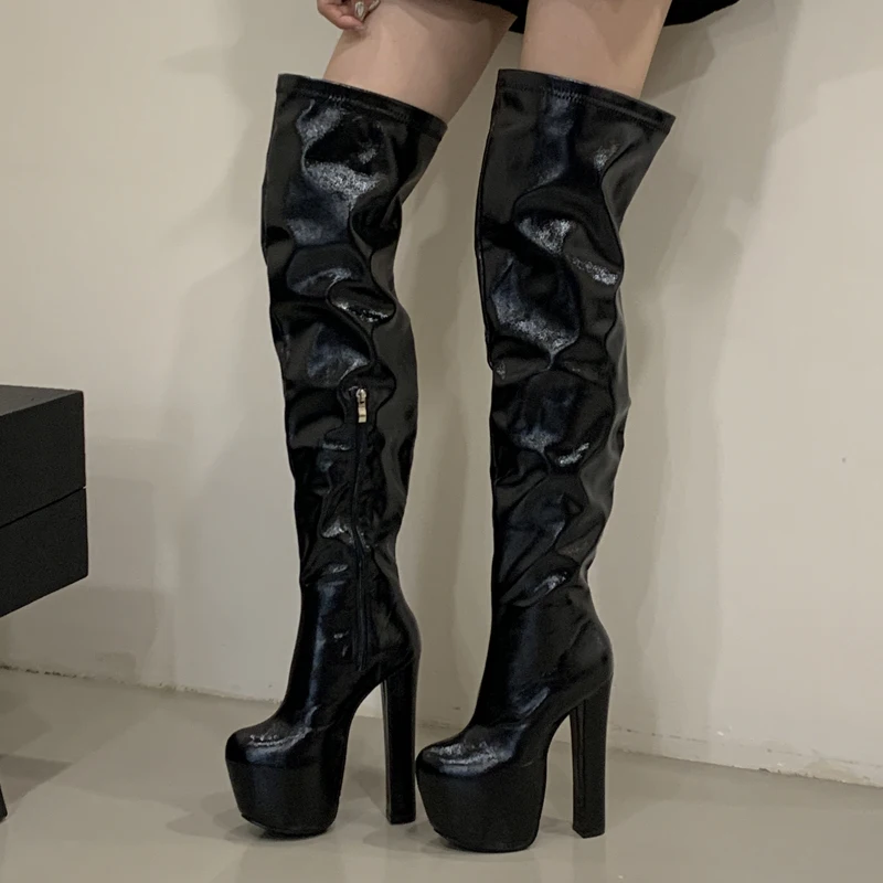 Eilyken Große Größe 45, runde Zehen, quadratische High Heels, Reißverschluss, Damen-Overknee-Stiefel, Punk-Stil, Plattform, Herbst-Winter-Schuhe