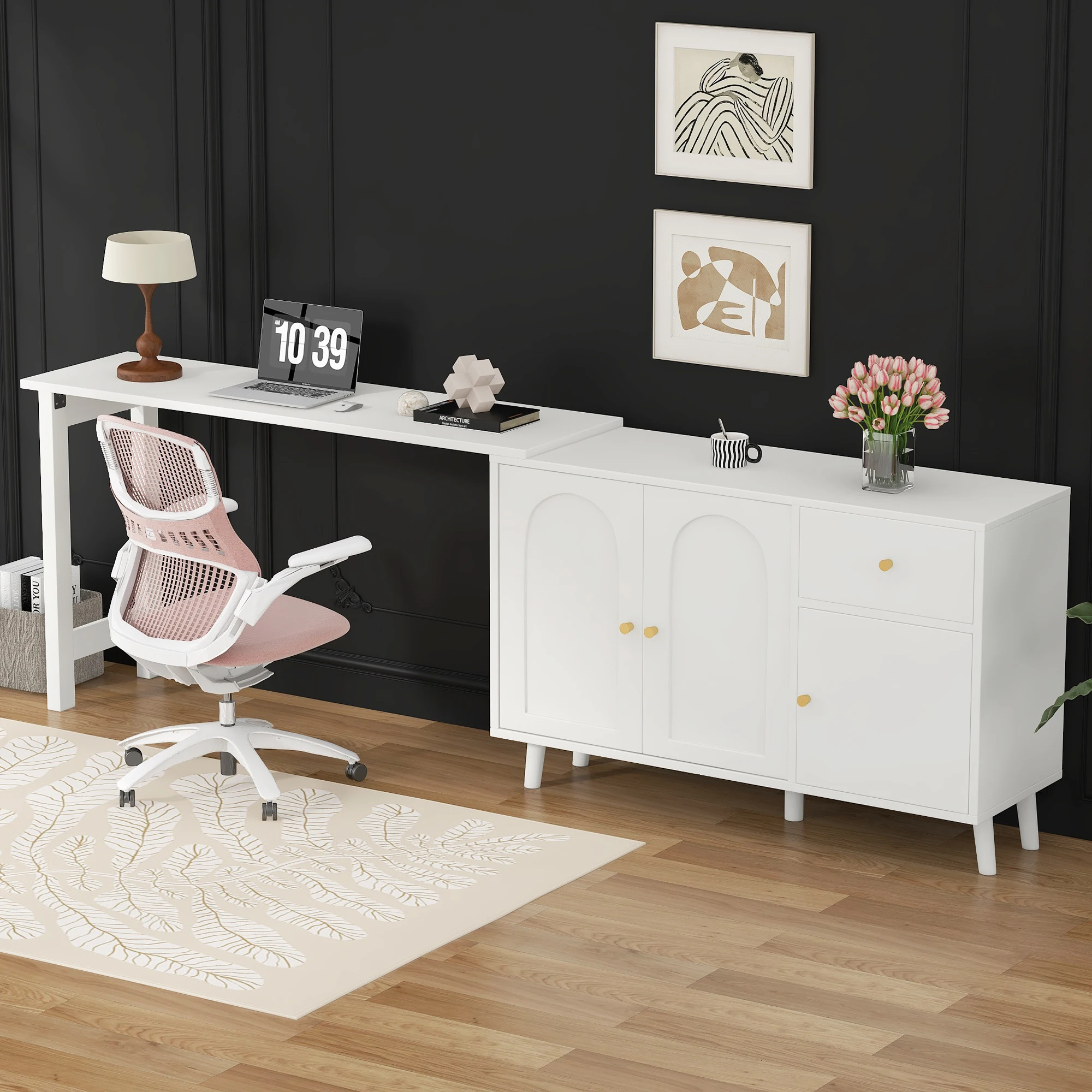 Multifunktionales 2-in-1-Schreibtisch und Sideboard – 360 ° drehbar, 3 Türen, 1 Schublade – Eleganter Computertisch, Eckschreibtisch, Schminktisch