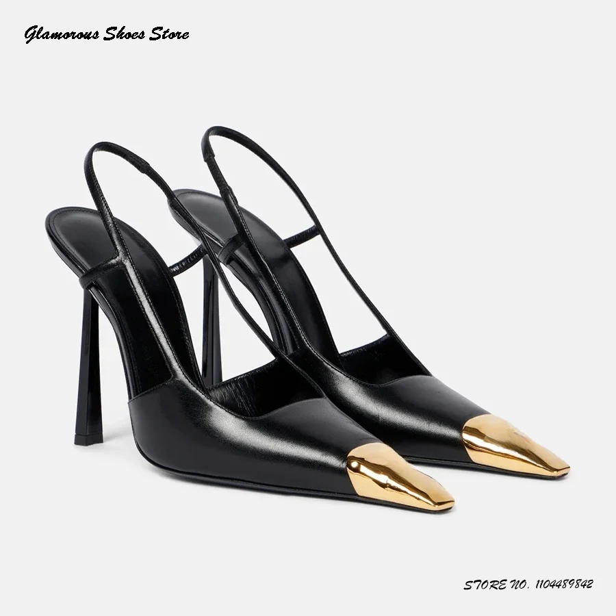 Metal Pointed Toe Leather Pumps Women's Spring Summer Party Dress Office Shoes Elegant Street Style Pull On Trending Stilettos