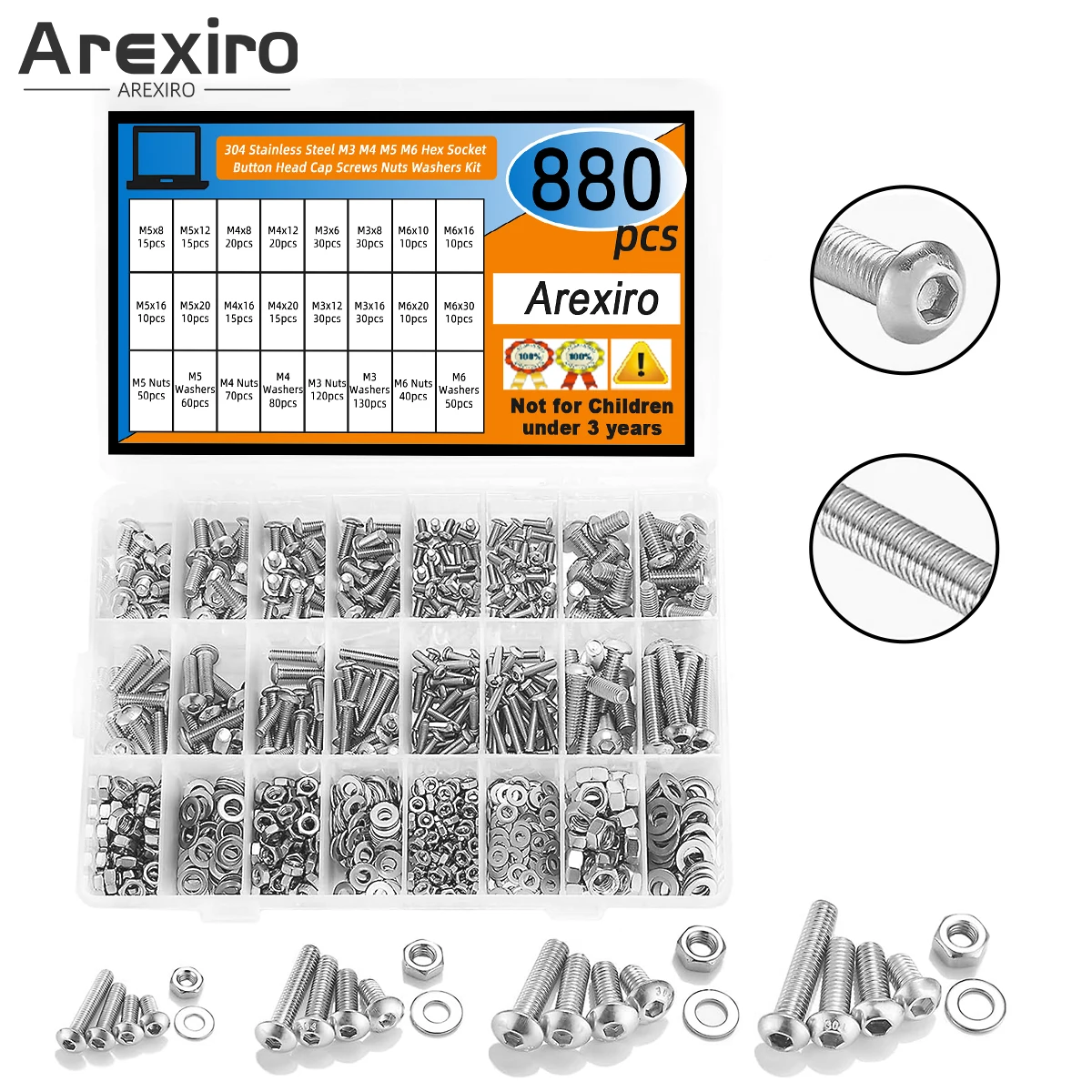 880 Stück 340 Edelstahlschrauben metrische Schrauben sortiert M6 M5 M4 M3, 6 mm-30 mm Innensechskant-Halbrundkopf-Schraubenmutter-Unterlegscheiben-Set