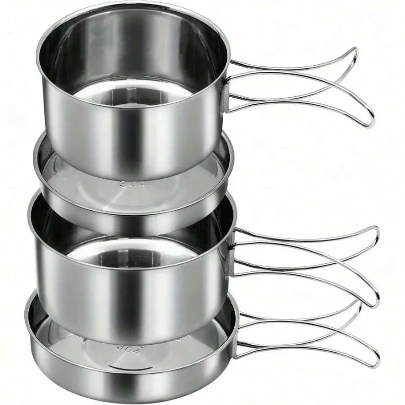 Leichtes 4-teiliges Camping-Kochgeschirr aus Edelstahl mit Griffen für sicheres Kochen im Freien Image