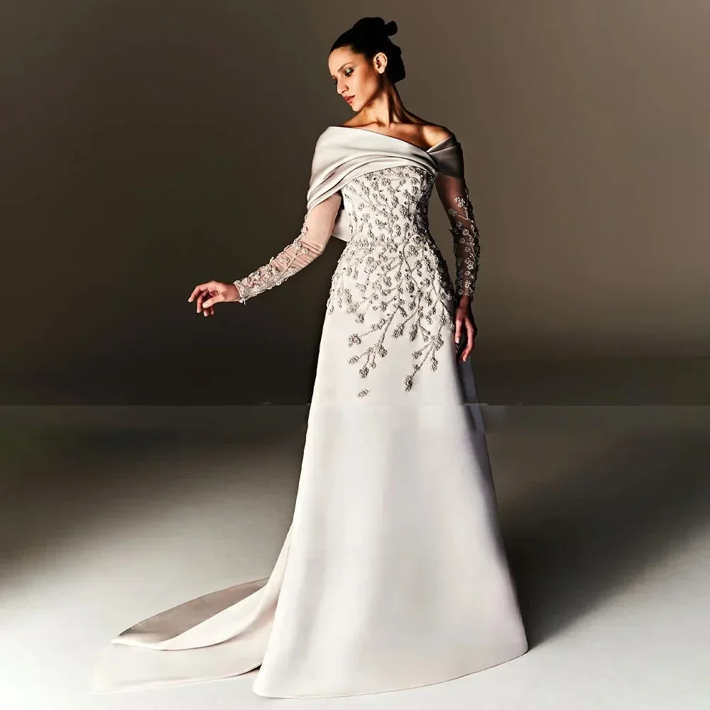 Customized Evening Dresses Beading Appliques Off The Shoulder Light Champagne Evening Gowns Long Sleeves A Line Women