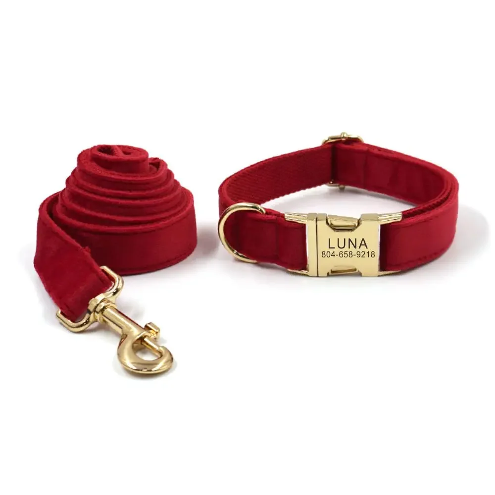 Personal isierte Hunde halsband benutzer definierte Haustier halsband kostenlose Gravur ID Namensschild Haustier Zubehör rote Samt faser Welpen halsband Leine Image