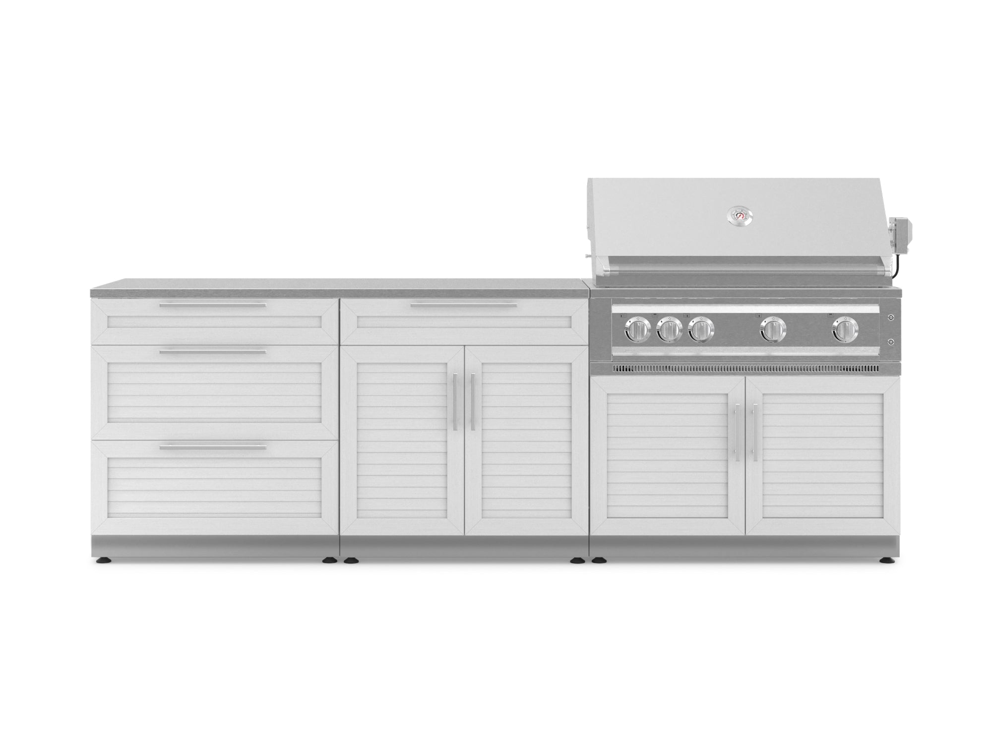 NewAge Outdoor Kitchens Stainless-Steel 5-Piece Cabinet Set with with 3-Drawer, Bar, Grill Cabinet, Platinum Grill and Countertop