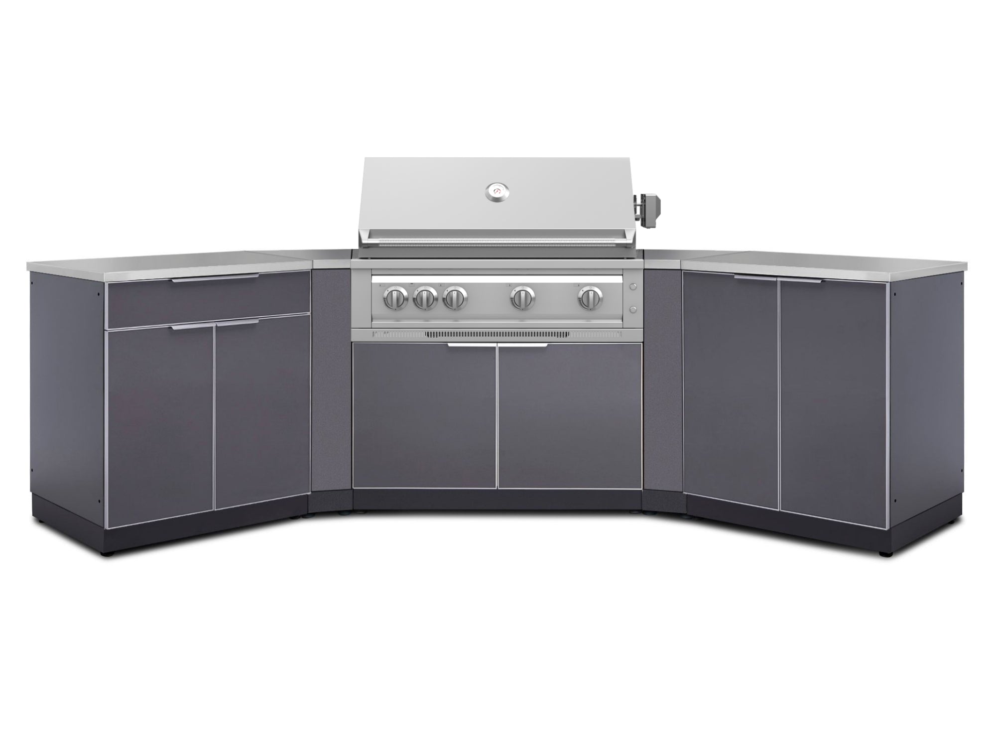 NewAge Outdoor Kitchens Aluminum 7-Piece Cabinet Set with 2 Door, Bar, Corner, Grill Cabinet, Platinum Grill, and Countertops