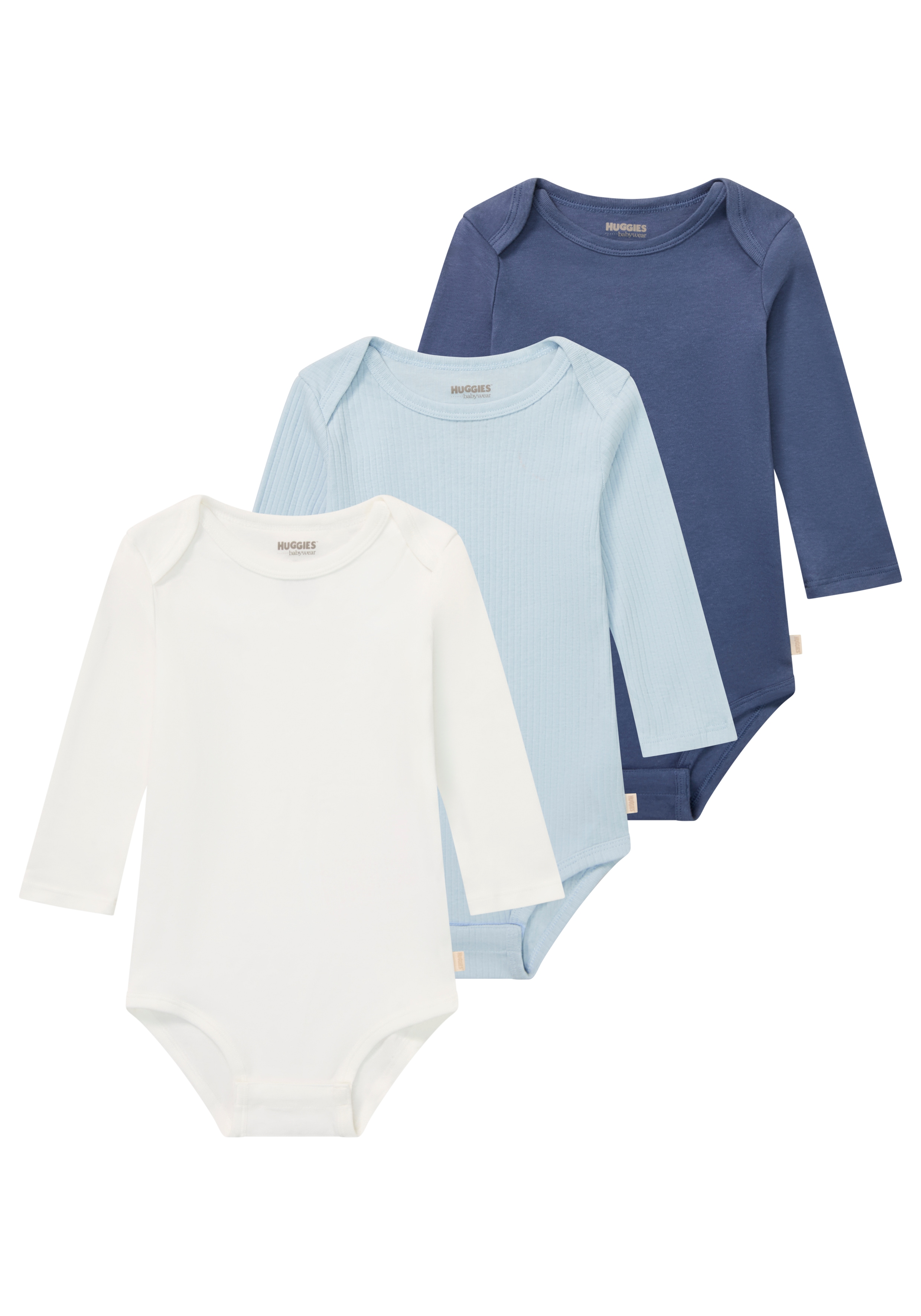 Langarmbody HUGGIES BABYWEAR "HUGB 3PK BODYSUIT", Baby, Gr. 4 (74), N-Gr, huggies skyway, Feinripp, Obermaterial: 100% Baumwolle, unifarben, normal lang, Rundhals, abgerundeter Saum, Bodys, 3er-Pack, in Ripp-Optik Image