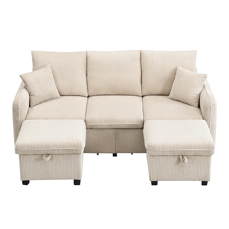 Beige Modular U-Shape 3-Seater Sofa Sleeper, Corduroy. Multifunctional Sectional with Storage, Drawers & Ottoman Compartment
