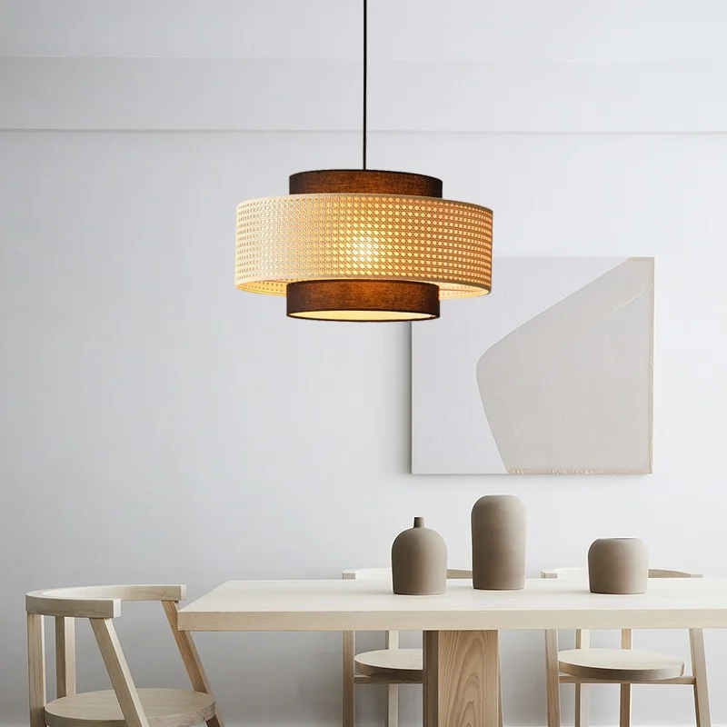 Vintage Pendelleuchte handgefertigte gewebte Rattan Pendelleuchte LED warme Lichter Wohnzimmer Restaurant Küche Teehaus Kronleuchter Image