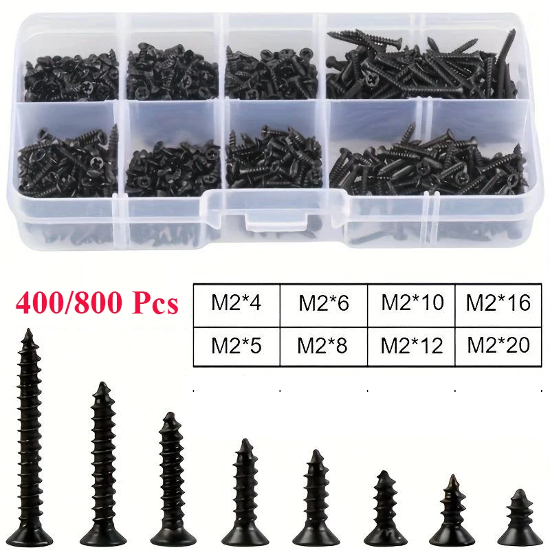400/800 Stück M2 Kreuzschlitz-Sortimentsset mit flachem Kopf und Senkkopf aus schwarzem Oxid-Kohlenstoffstahl (8 Größen, 4–20 mm) Image