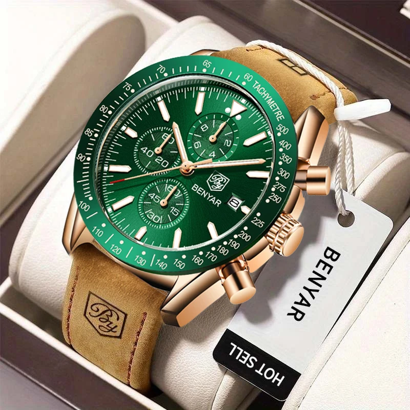BENYAR Business Herren Quarzuhr Militär Wasserdichtes Leder Multifunktionales Timing Code Zifferblatt Leuchtendes Geschenk Herrenuhr + Box Image