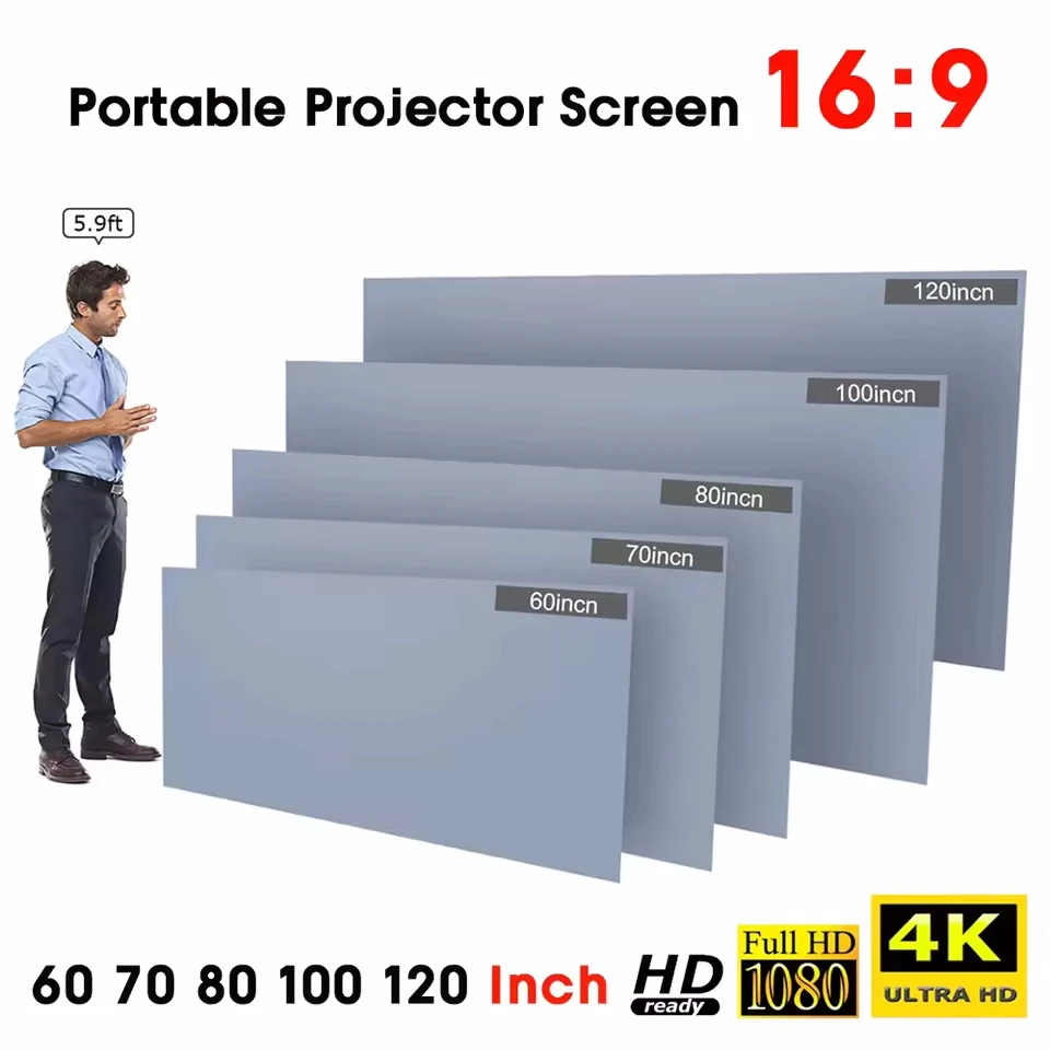 Tragbare Anti-Licht-Projektor-Leinwand, einfacher Vorhang, 60, 70, 80, 100, 120 Zoll, Projektionswände für Zuhause, Outdoor, Büro, Projektor Image