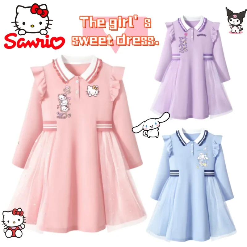 Sanrio Hello Kitty My Melody Kuromi Pochacco süßes Kleid mit Anime-Motiv für Mädchen, langärmliges Prinzessinnenkleid für Frühling und Herbst