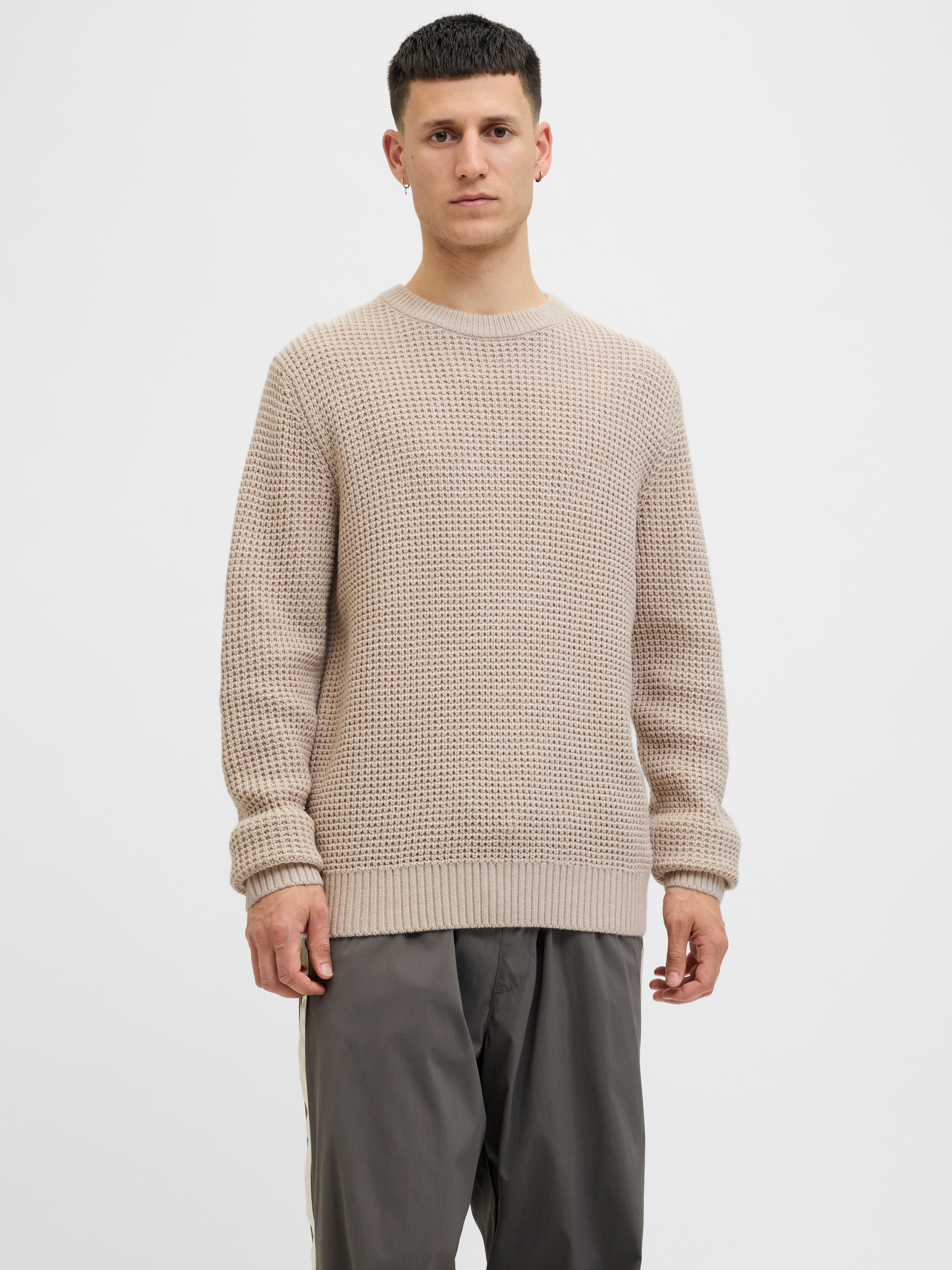 Strickpullover JACK & JONES "JJGLOBAL KNIT CREW NECK", Damen, Gr. M, moonbeam, Strick, Obermaterial: 67% Polyacryl, 33% Baumwolle, unifarben, regular fit, Rundhals, Pullover Strickpullover
