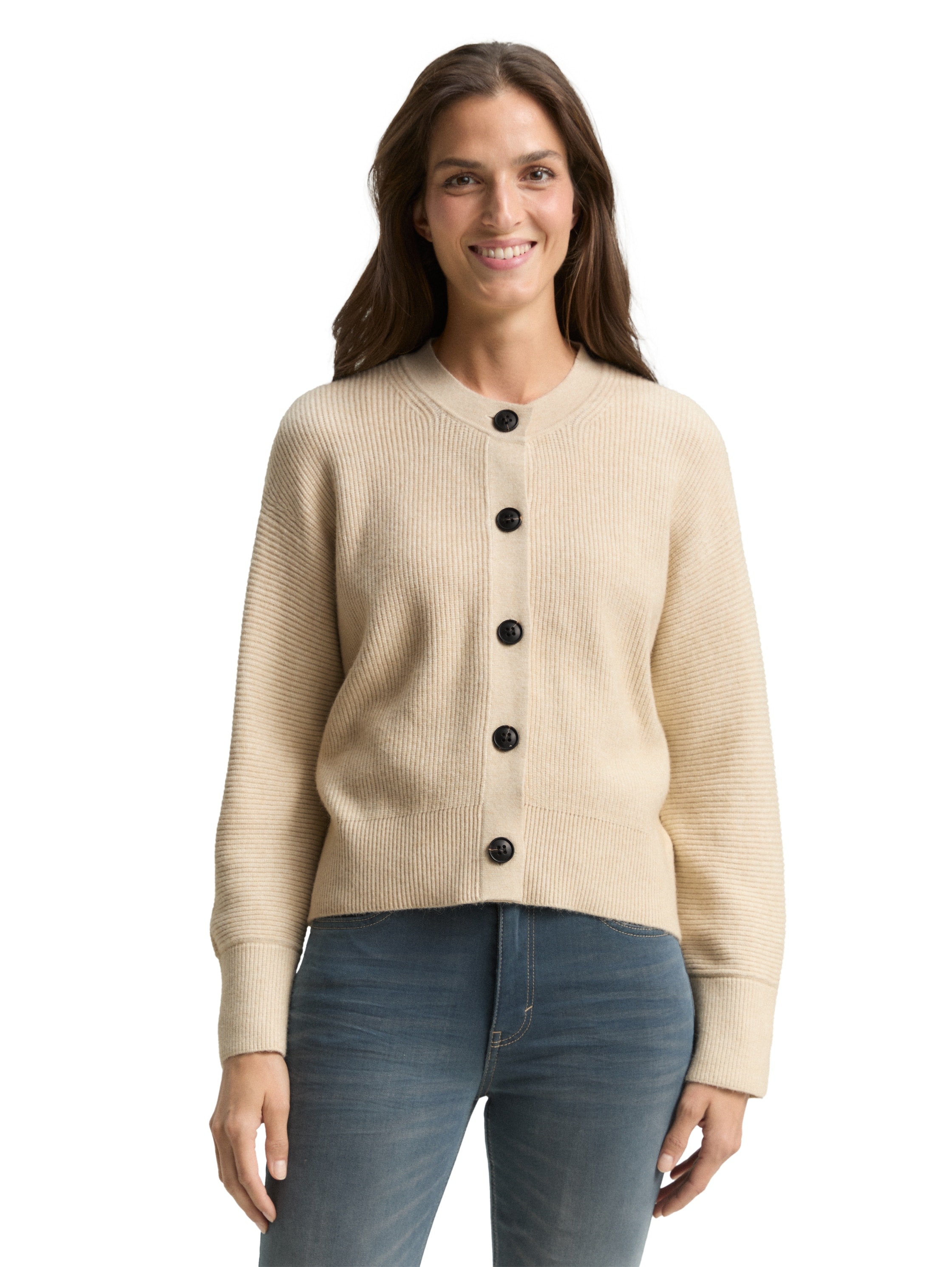 Strickjacke TOM TAILOR, Damen, Gr. L, sand stone beige melange, Strick, Obermaterial: 52% Viskose, 27% Polyester, 21% Polyamid, meliert, oversize normal, Rundhals, Rippbündchen, Strickjacken Strickjacke, mit Rippbündchen