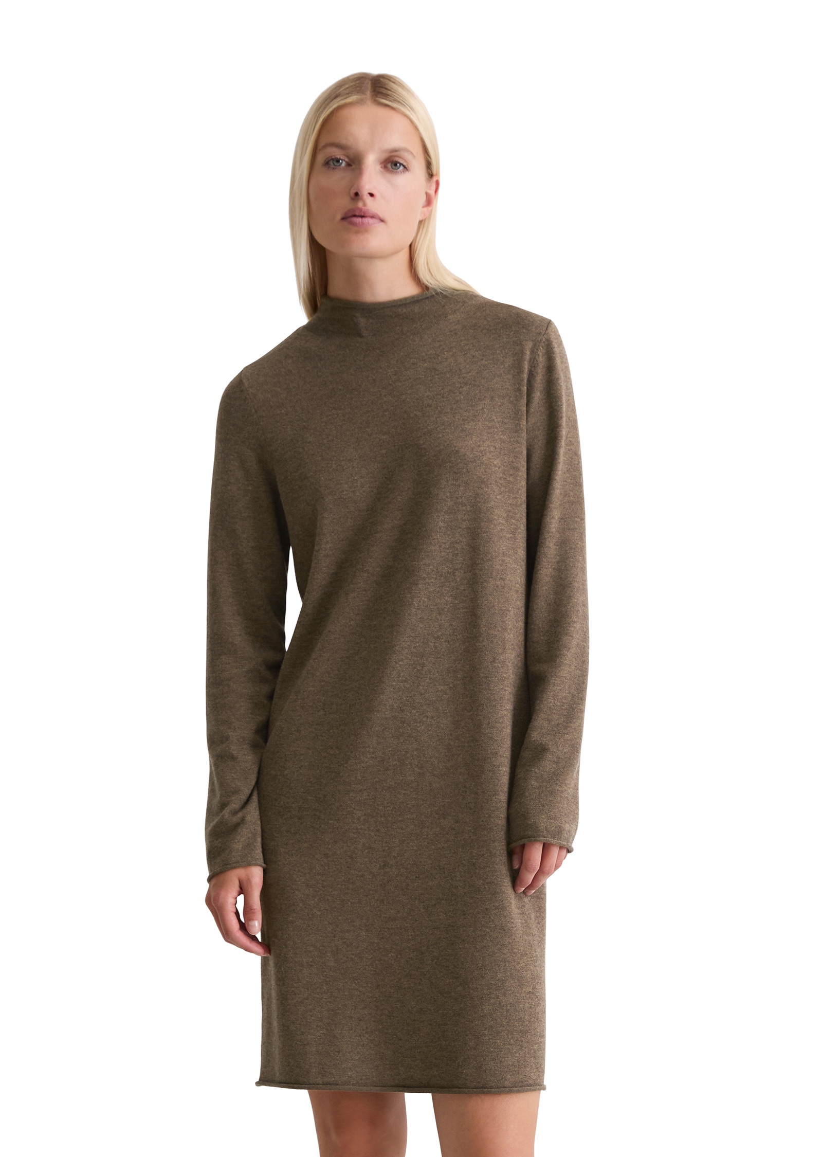 Strickkleid MARC O'POLO "aus edlem Schurwolle-Viskose-Mix", Damen, Gr. 32, Normalgrößen, shaded braun melange, Obermaterial: 37% Polyamid, 34% Schurwolle, 25% Viskose, 4% Elasthan, unifarben, regular fit knielang, Rollkante, Kleider Strickkleid