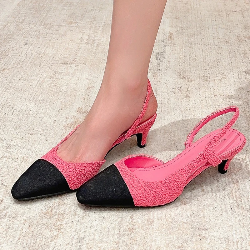 New Style Splicing Round Toe Low Heel Designer Pumps Women Mixed Color Back Strap Kitten Heel Sandals Comfort Office Formal Shoe