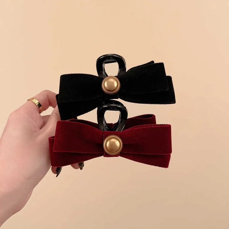 1pc High-end-Elegante Textur Samt Schwarz doppelseitige Schleife Haar Clip Shark Clip Große Größe Luxuriöse haarnadel Haar Zubehör