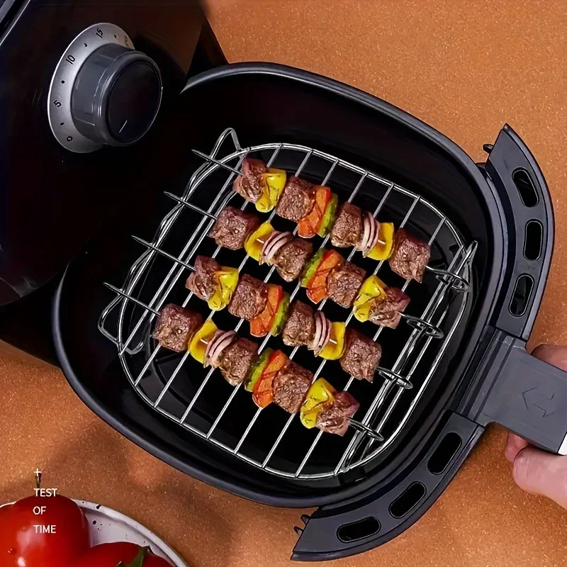 1 Satz quadratischer Grill für Heißluftfritteusen aus Edelstahl, mit 4 Grillspießen, Zubehör für Heißluftfritteusen, Kochregal, Küche Image