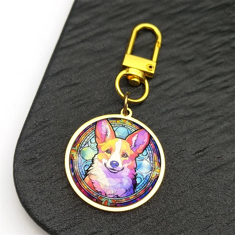 Bunte süße Corgi Hund Glas Runde Medaille Edelstahl Schlüsselanhänger für Frauen Männer Gold Silber Tier Haustier Liebhaber Schmuck Geschenk Image