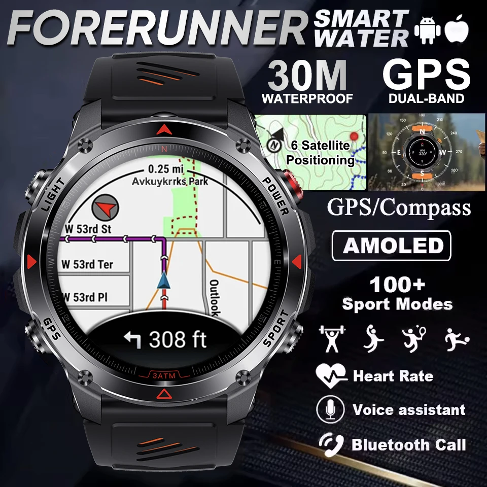 Forerunner Military Grade AGPS Smart Watch 42mm 3ATM Wasserdichter Dualband-GPS-Kompass Höhenmesser AMOLED Swim Sports Smartwatches Image
