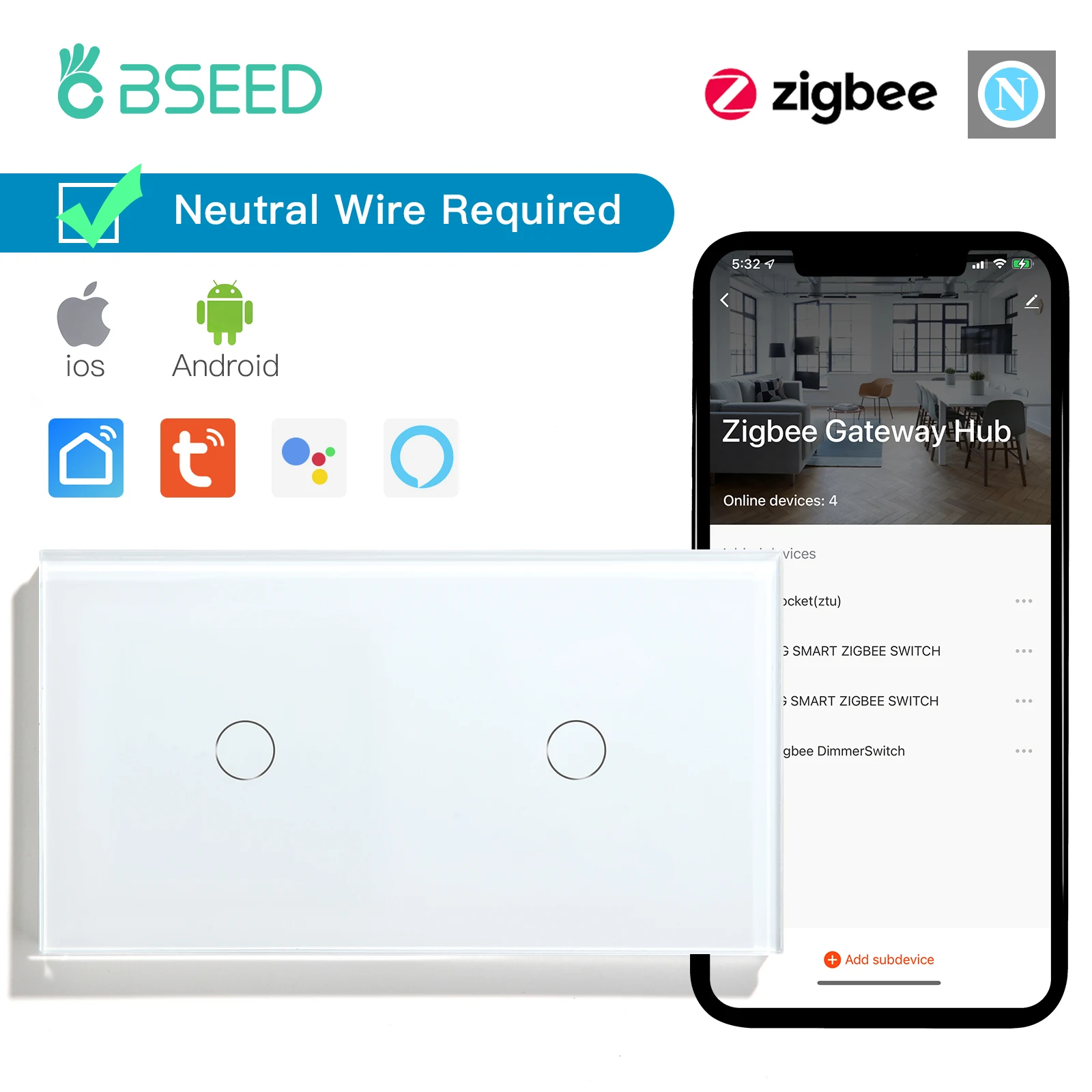 BSEED Zigbee Smart Switch Doppel 1/2/3Gang 1/2/3Way Drahtlose Licht Schalter Unterstützung Tuya Google Home App Alexa Sprachsteuerung Image