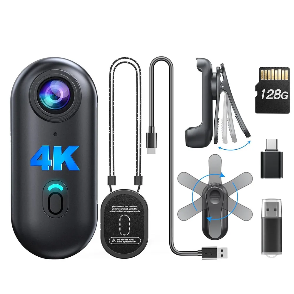 4K Mini Körperkamera 1080P Tragbare Kamera 128GB Tragbarer Videorecorder Camcorder Helmhalterung Vlogging mit drehbarem Clip Image