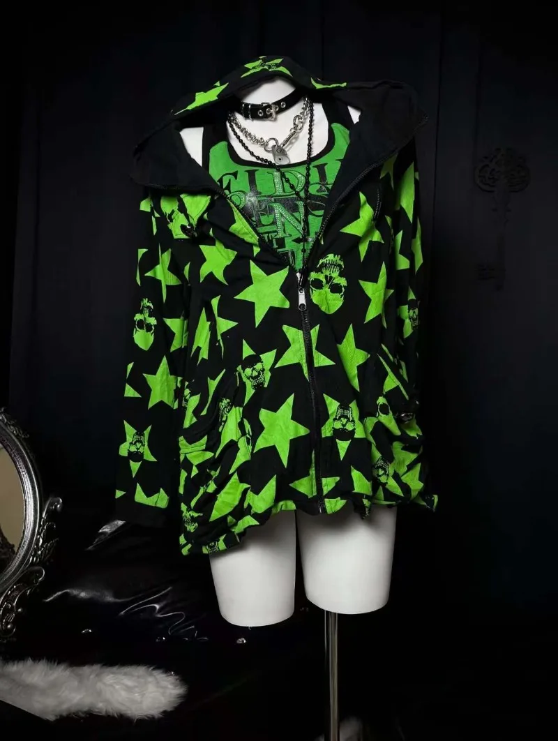 Hip hop punk retro green Skull Star Women men hoodie personality top high street casual fashion clothing trend loose sweatshirt