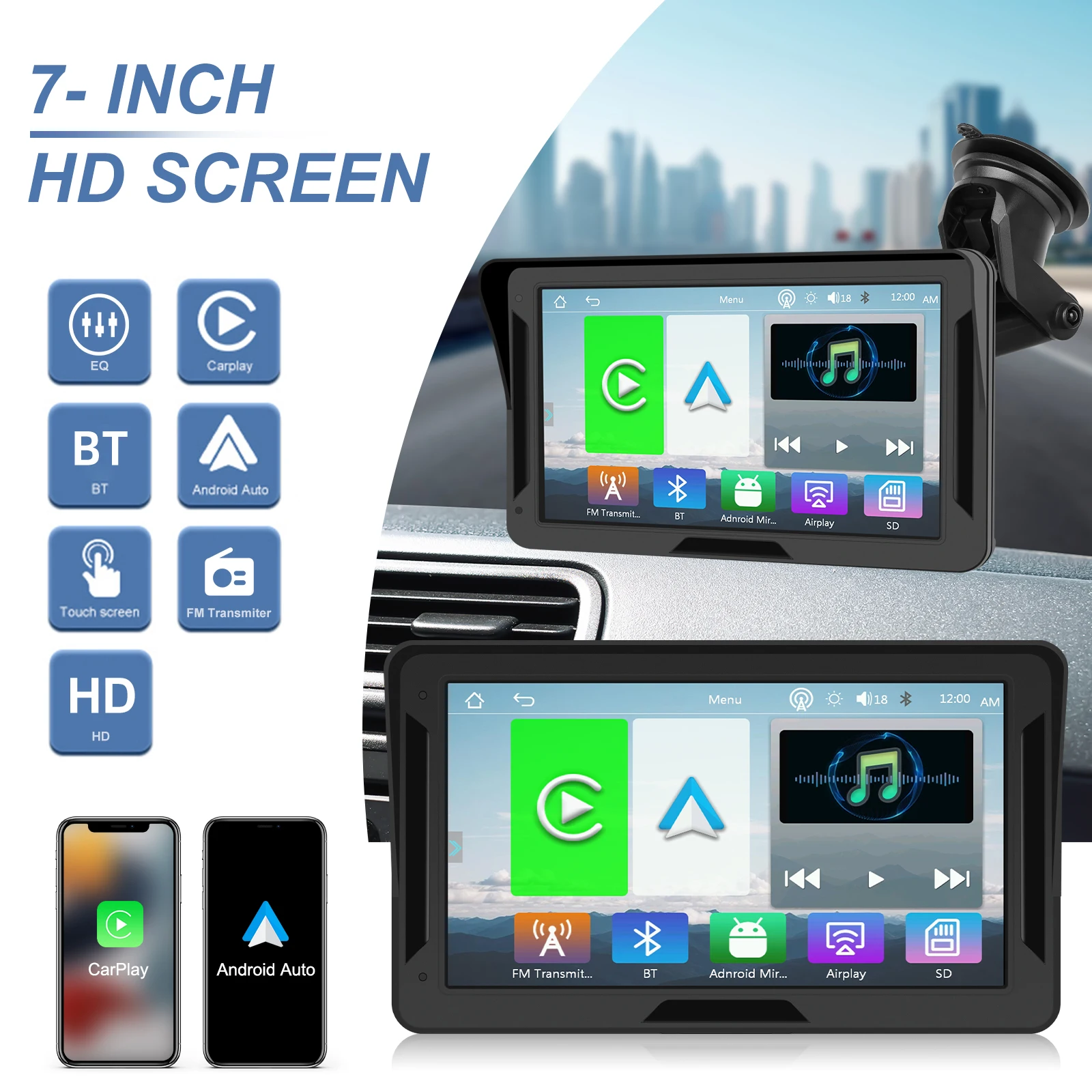 Motorsi 7 Zoll CarPlay Player Android Auto Auto Radio Dash Board Monitor Multimedia Tragbare Smart Player BT FM EQ Spiegel Monitor
