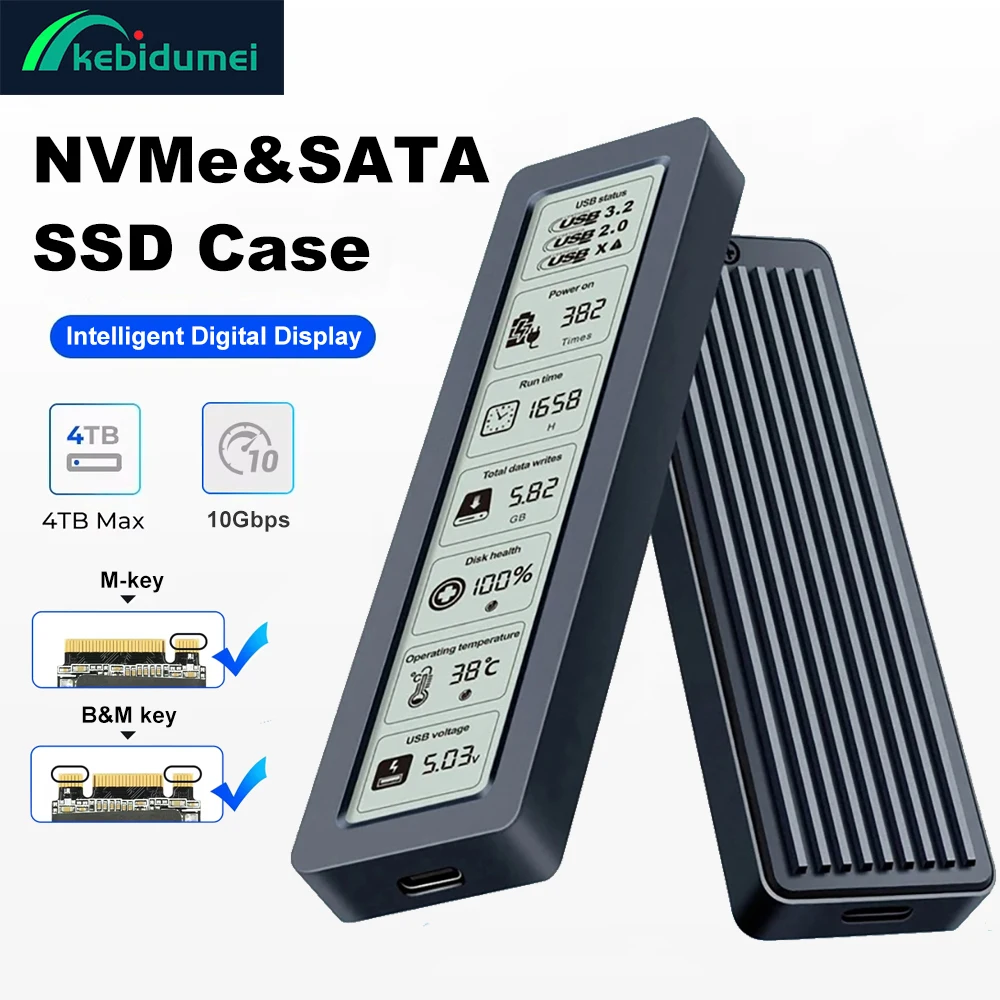 M.2 SSD-Gehäuse NVME SATA SSD-Gehäuse 10 Gbit/s M.2 auf USB Typ C Intelligentes Digitaldisplay Externer SSD-Box-Adapter unterstützt UASP Image
