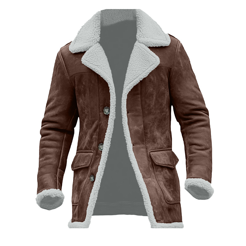 Men's Faux Suede Jacket Shearling Coat Fleece Jacket Windbreaker Casual Daily Windbreaker Pocket Fleece Collar Winter Solid Color Vintage Fashion Lapel Regular Brown Jacket