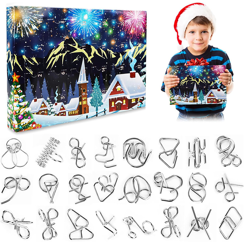 Christmas Advent Calendar 2026 Brain Teaser for Kids Adults Luban Lock Burr Puzzle 24 Days of Metal Puzzle Ring Toy Games, Christmas Countdown with Mind IQ Logic Challenges