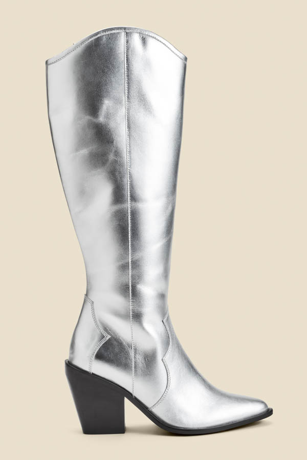 Sosandar Womens Silver Leather Knee High Western Boot - Size UK 8 | Sosandar Sale | Discount Designer Brands