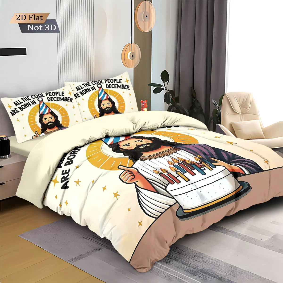 3-teiliges Bettwäsche-Set mit Cartoon-Jesus-Druck, kernlos, Bettbezug für Schlafzimmer, Schlafsaal, weiche Dekoration, maschinenwaschbar Image