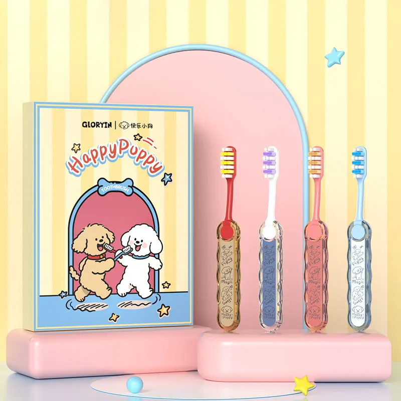 GLORYIN [8 Stück] [4 Stück] Geschenkbox-Set, süße Welpen-Serie, lustige Kinderzahnbürste mit weichen Borsten, kleiner Bürstenkopf Image