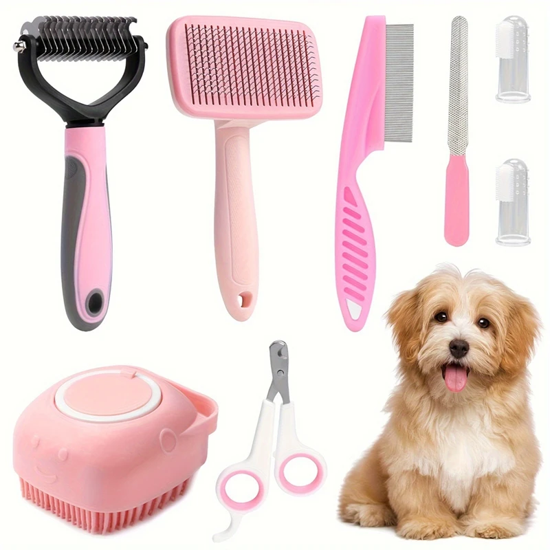 HOT-8Pcs Hund Pinsel Pflege Set, Haustier Selbst-Reinigung Set, mit Pet Nagel Clippers Und Dateien, kamm, Pet Shampoo Bad Pinsel
