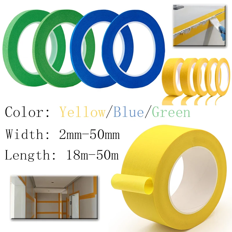 1–5 Rollen professionelles gelbes Abdeckband für die Autolackierung, 2–50 mm breites strukturiertes Papier, keine Rückstände, abreißbar, 18–50 m Länge