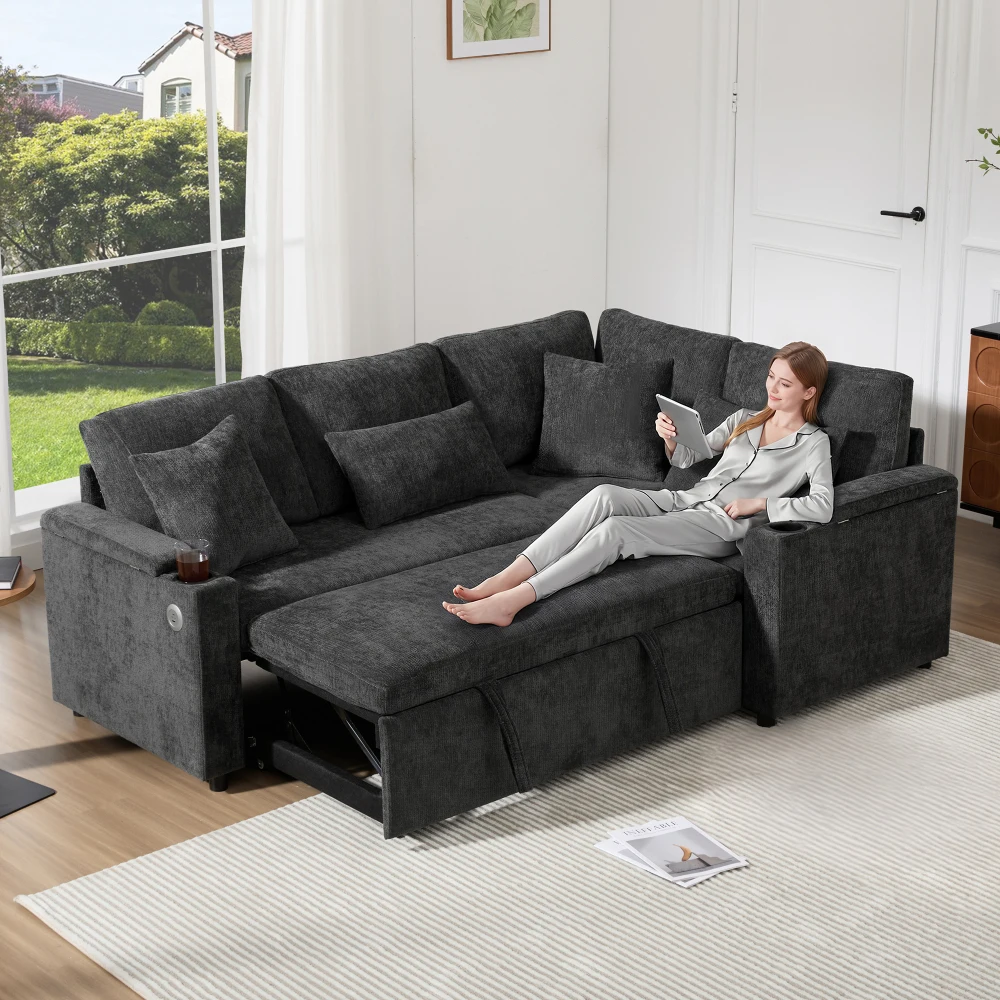 L-förmiges, ausziehbares Ecksofa mit Stauraum, USB-Ladeanschluss, Armlehne und vier Kissen, für Wohnzimmer, Heimkino Image