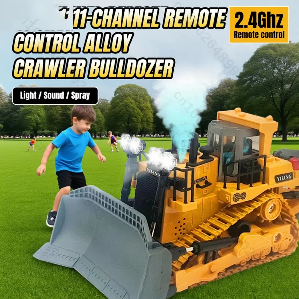 RC Bulldozer 2,4 GHz Engineering Fahrzeug 9/11 CH mit Licht Sound Spray Track Bau Druckguss Auto Dump Bagger für Weihnachten Image